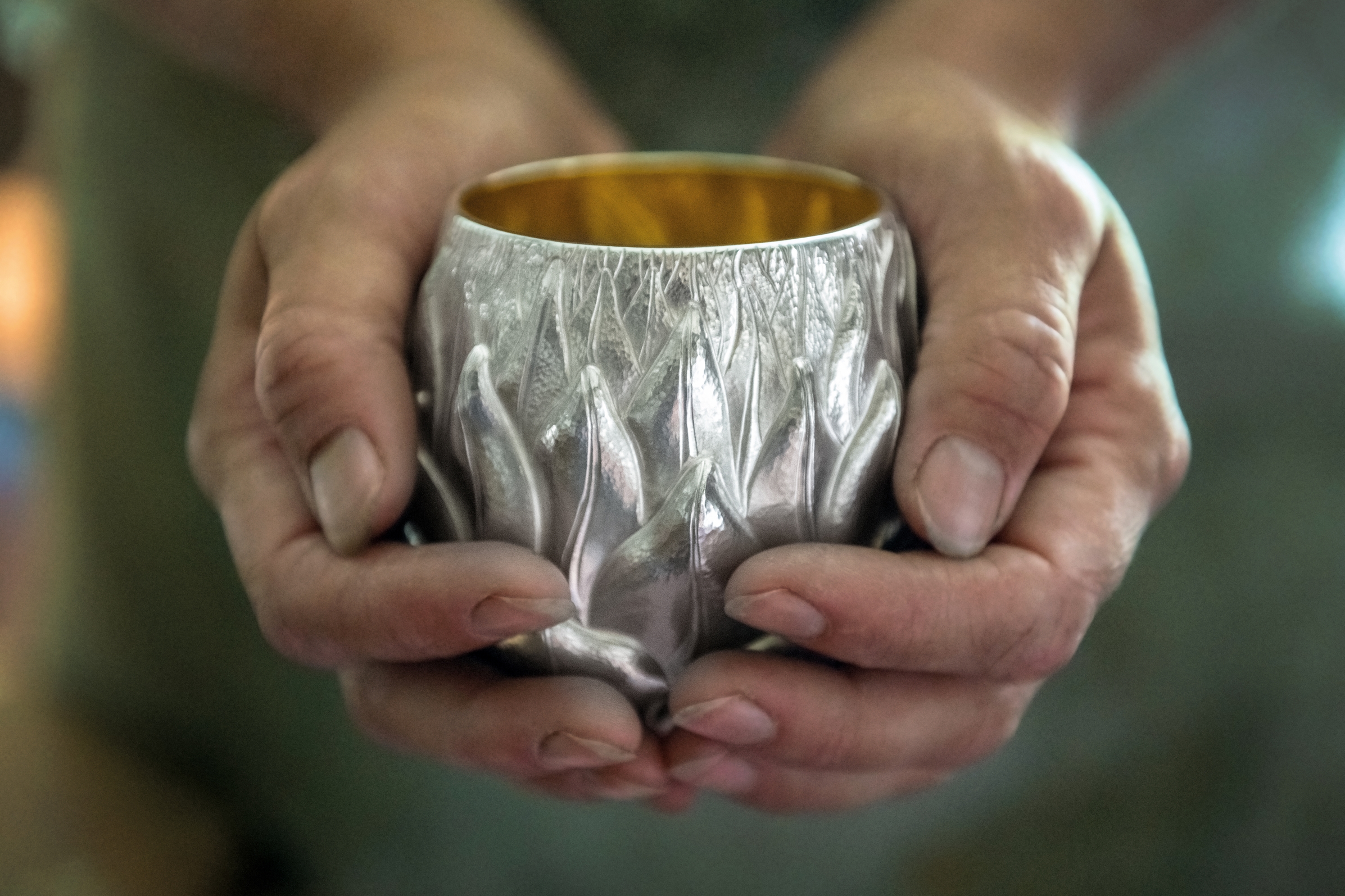 Miriam Hanid, Flower of Love Tumbler, 2020, Britannia silver, lemon gilt interior, h75 x ø80mm, The Peartree Collection, © photo: Andrew Florides