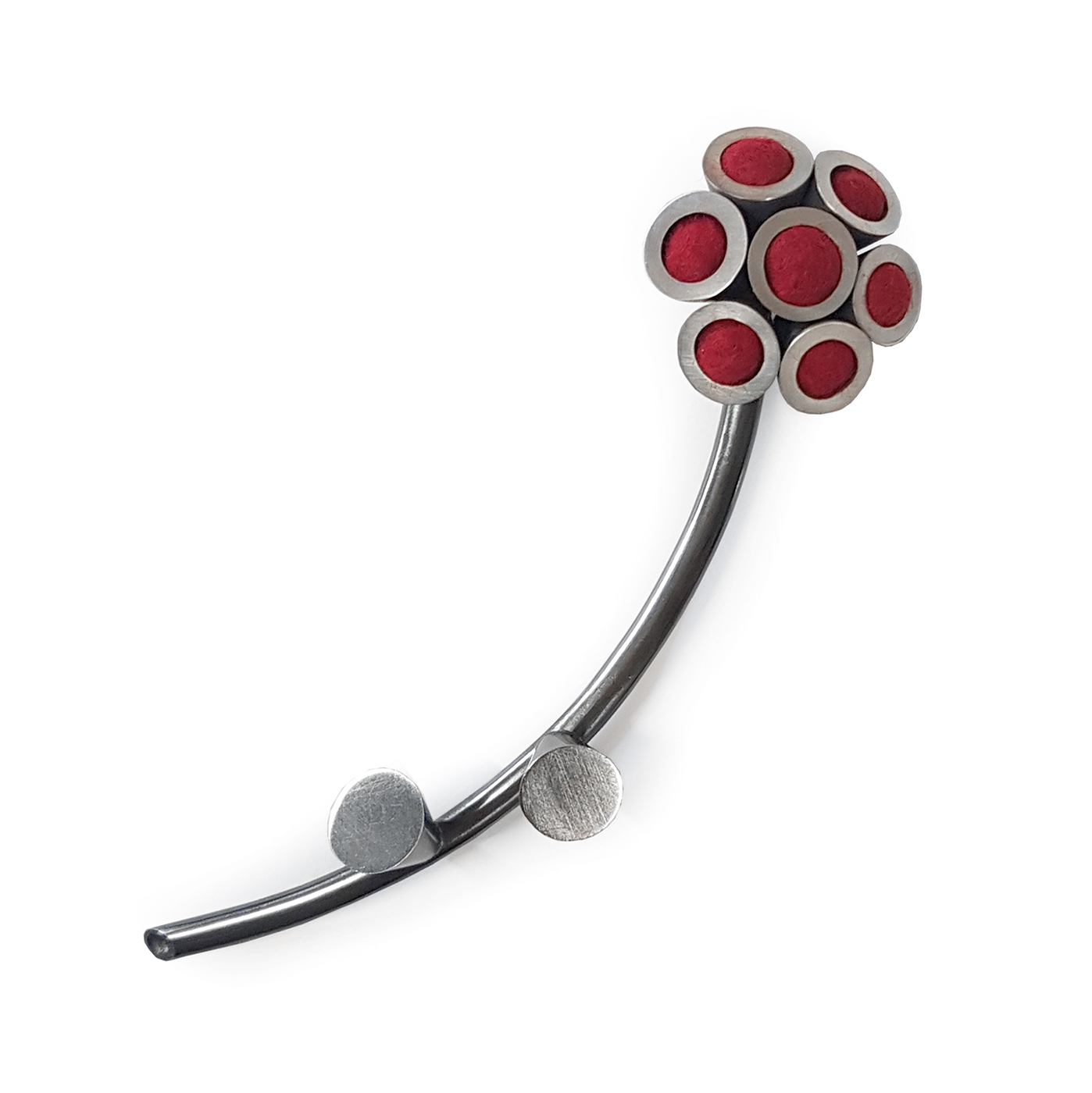 Dorothy Hogg, Artery Series Brooch II, 2021, oxidised white precious metal, red felt, H2.5xW13xD3.5cm 