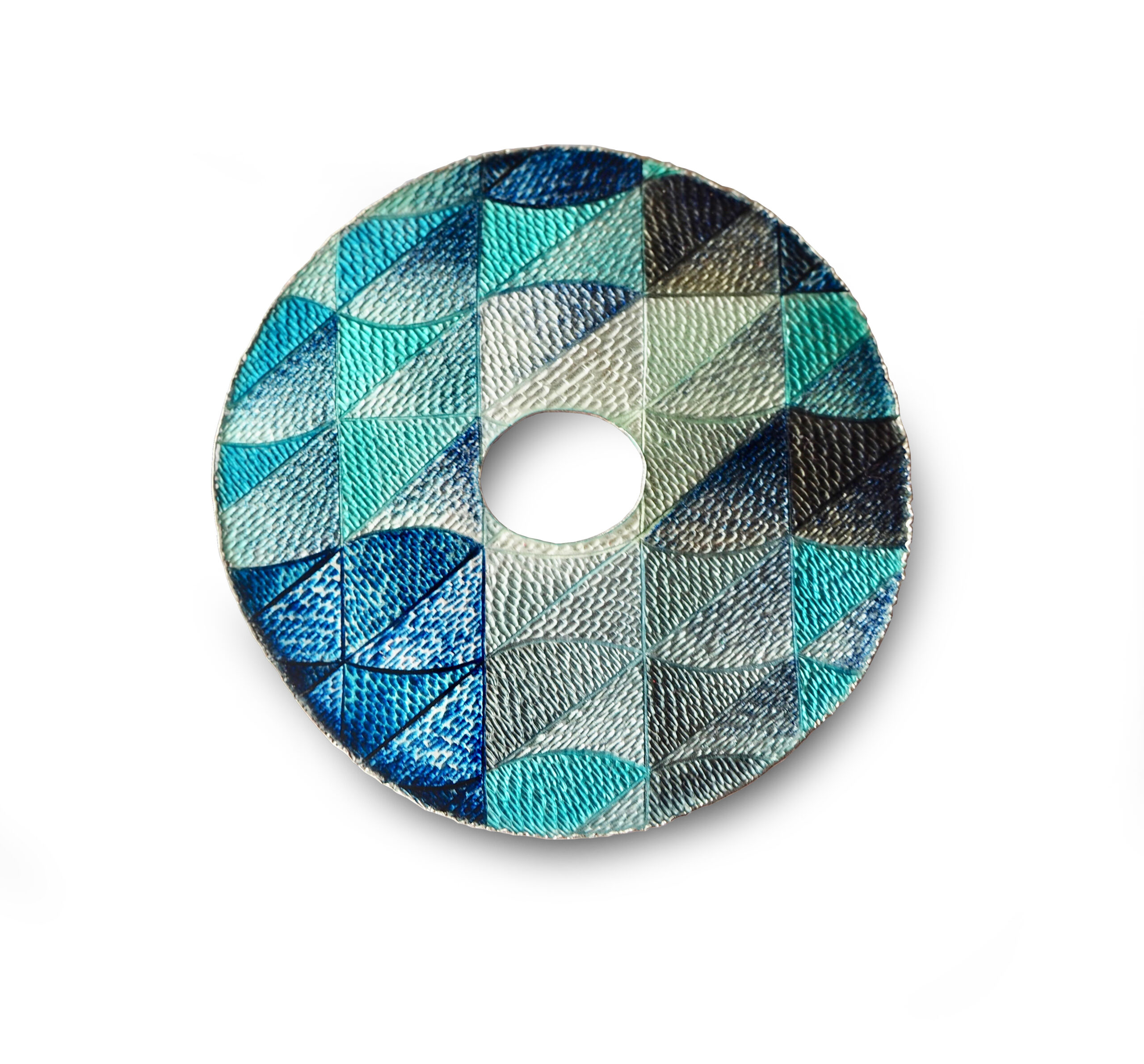 Jane Short, Flinking Brooch, 2021, silver and basse taille enamel in turquoise, greys and black, Dia5.3cm 
