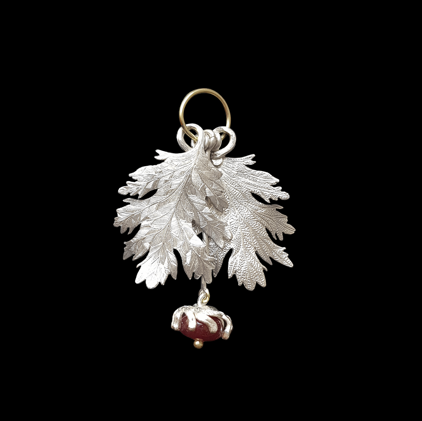 Malcolm Appleby, Silver Hawthorn Leaf Pendant, 2021, silver, 18ct gold, ruby, H5.3xW2.5cm 