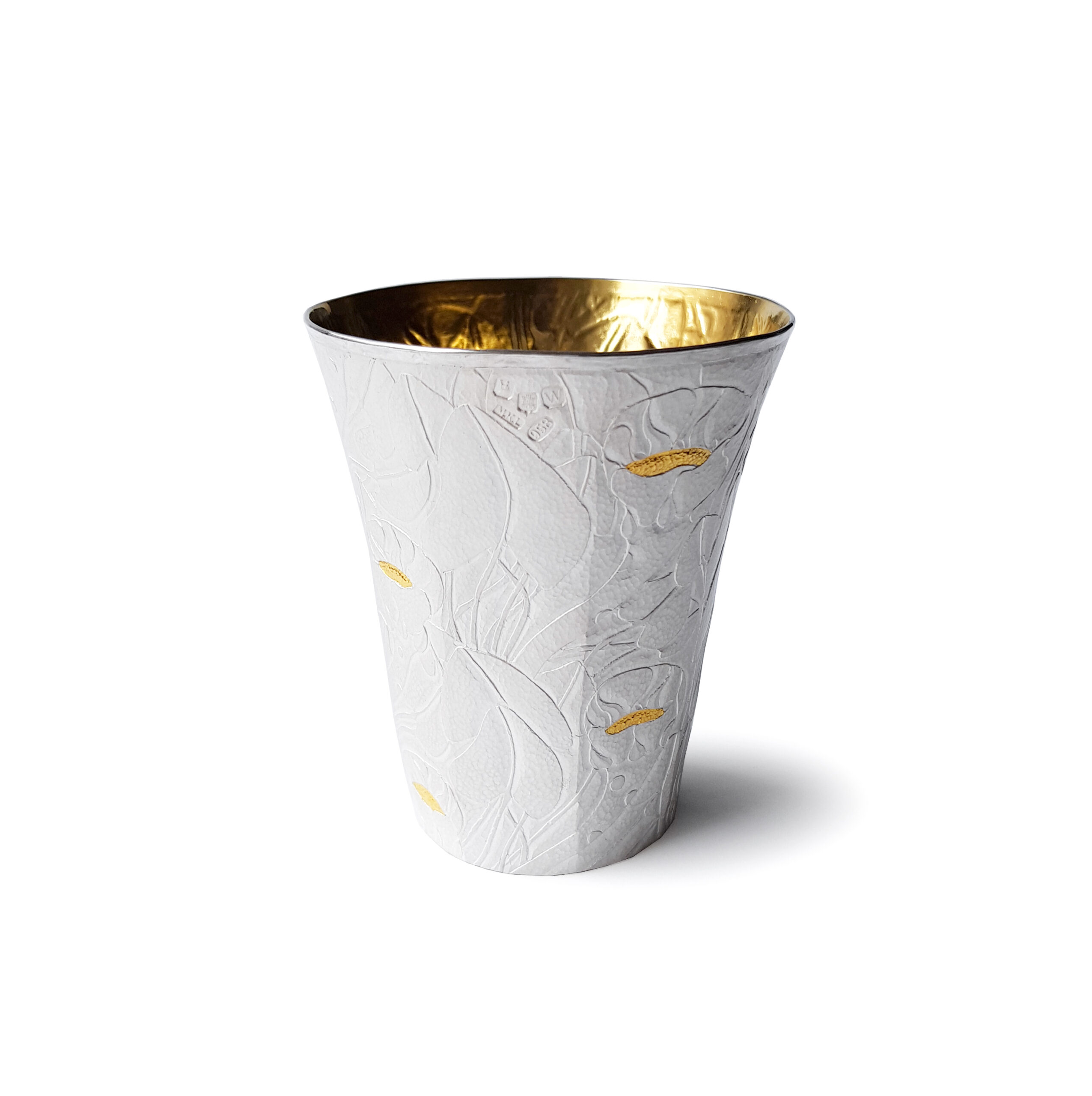 Michael Lloyd, Stravinsky Beaker, 2021, hand-raised Britannia silver, chased botanical pattern with 24ct gold inlay, H9.5xD8cm 