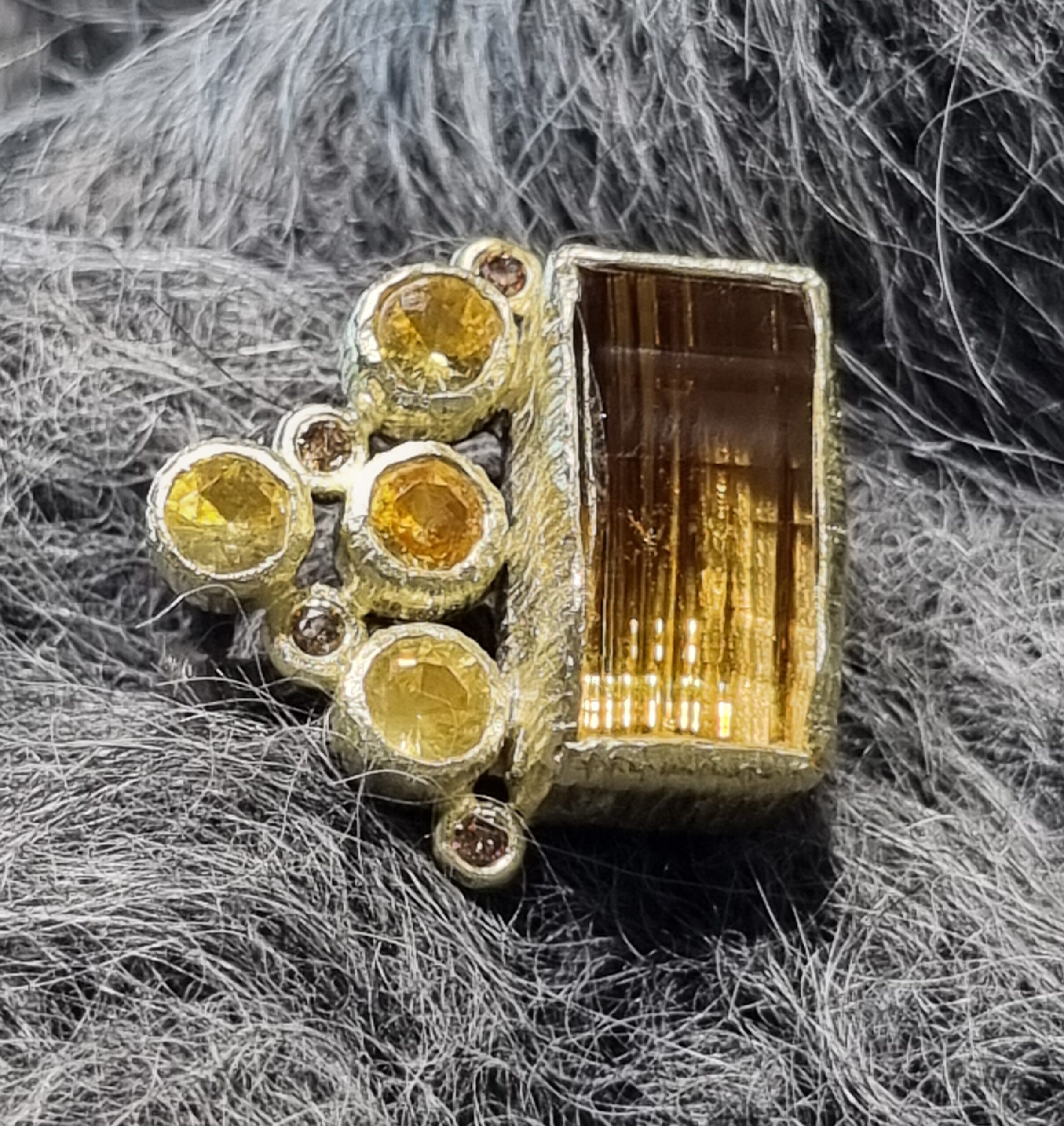 Precision cut citrine, yellow sapphire and brilliant diamond ring by Maria Frantzi