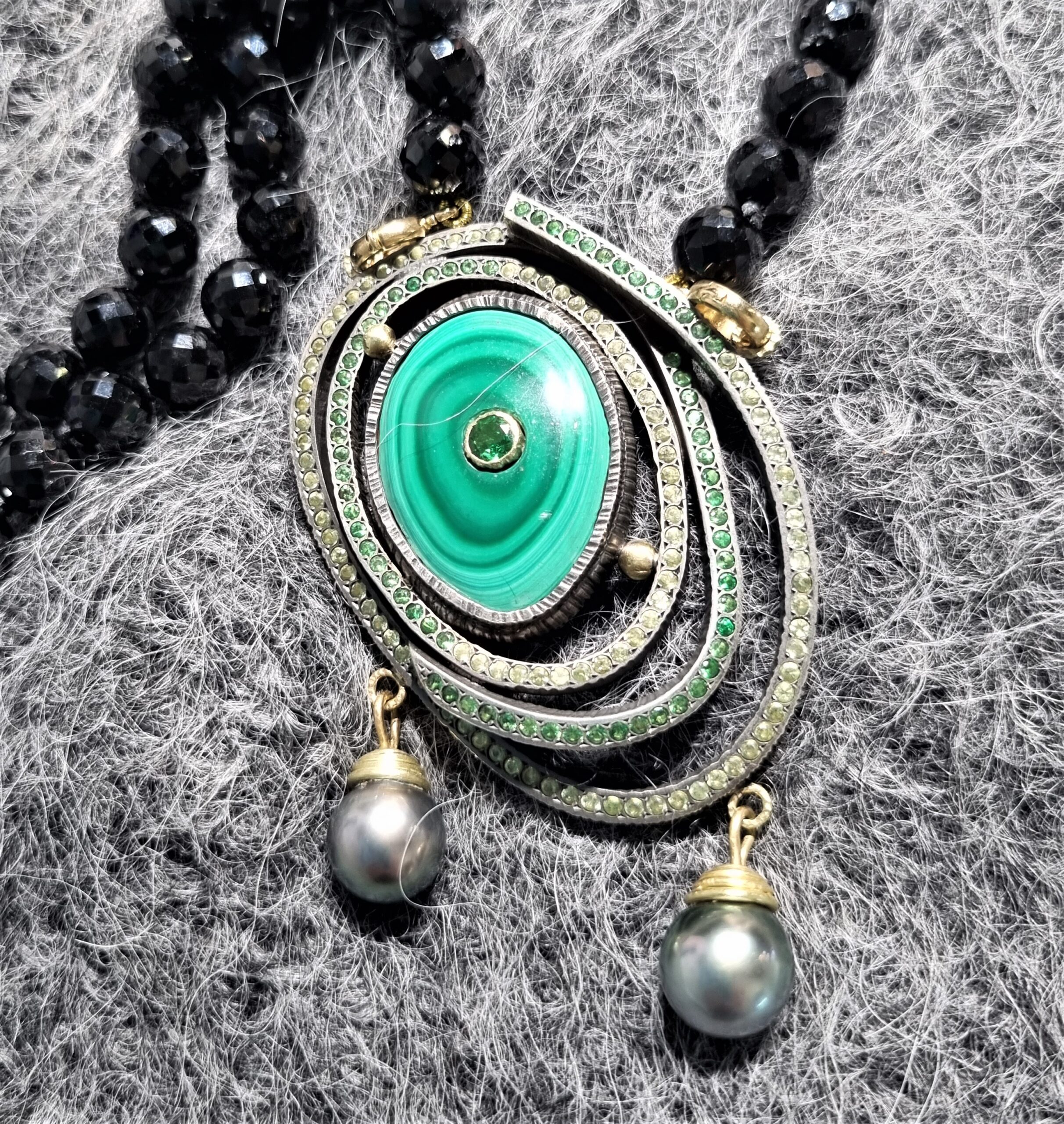 Malachite, Tsavorite, Peridot and Pearl Pendant by Maria Frantzi