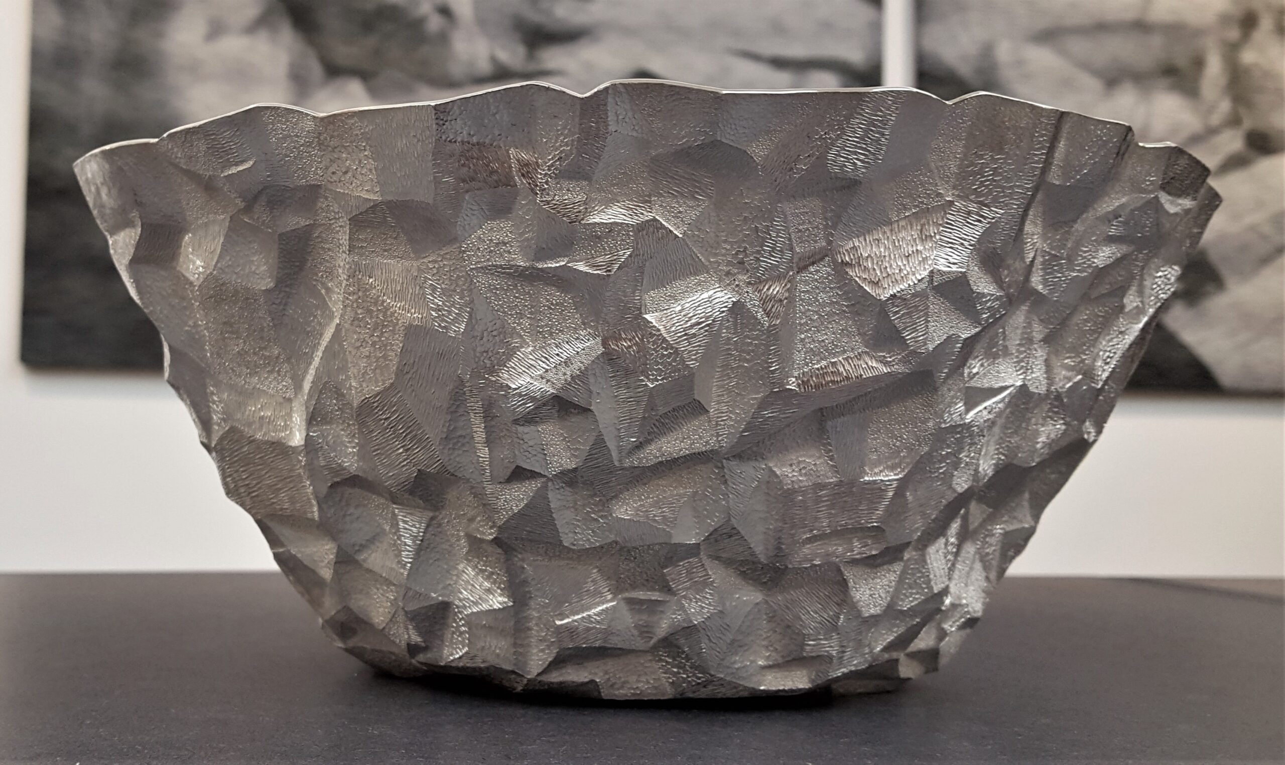 Yusuke Yamamoto, Craggy Mountain Bowl, 2018, hammer raised and chased Britannia Silver 958, photo: Emma Boden