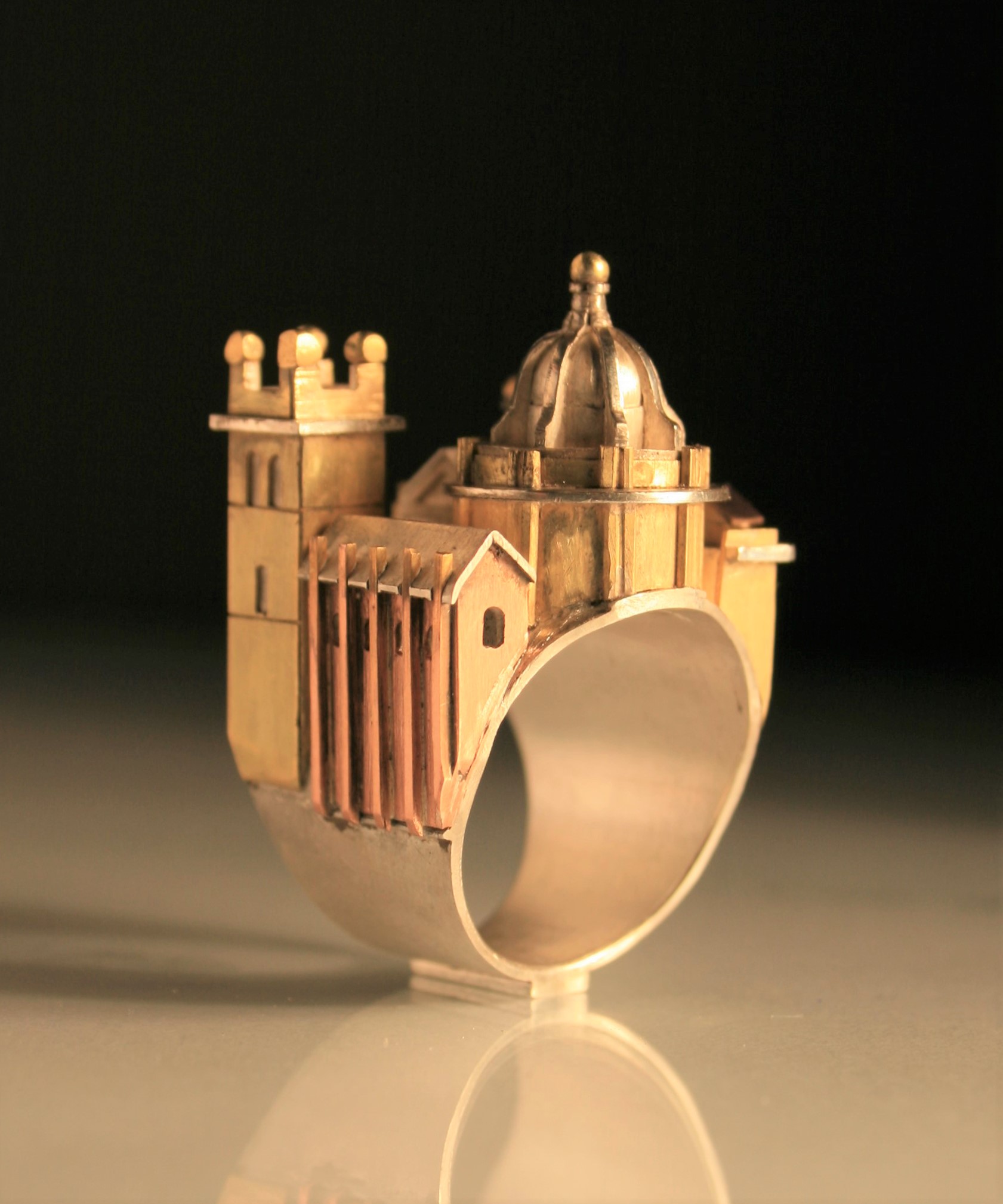Oxford Ring, 2009, silver with yellow and red gold accents, 23x44x22mm deep