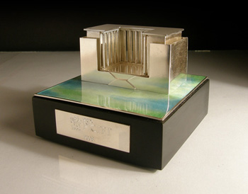 Water Theme Prix Pictet Trophy, 2008, silver on enamel base, 80x80x65mm, based on the Palais de Tokyo, where Kofi Annan presented the award to the Canadian photographer Benoit Aquin