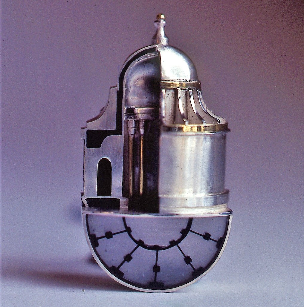 St Peter’s brooch, 1980, silver, gold and perspex, inspired by designs for the church of St. Peter’s in Montorio, Rome by Donato Bramante, 25.5×3.5×1.9cm, acquired by the V&A following an exhibition at the Crafts Council Gallery in 1982