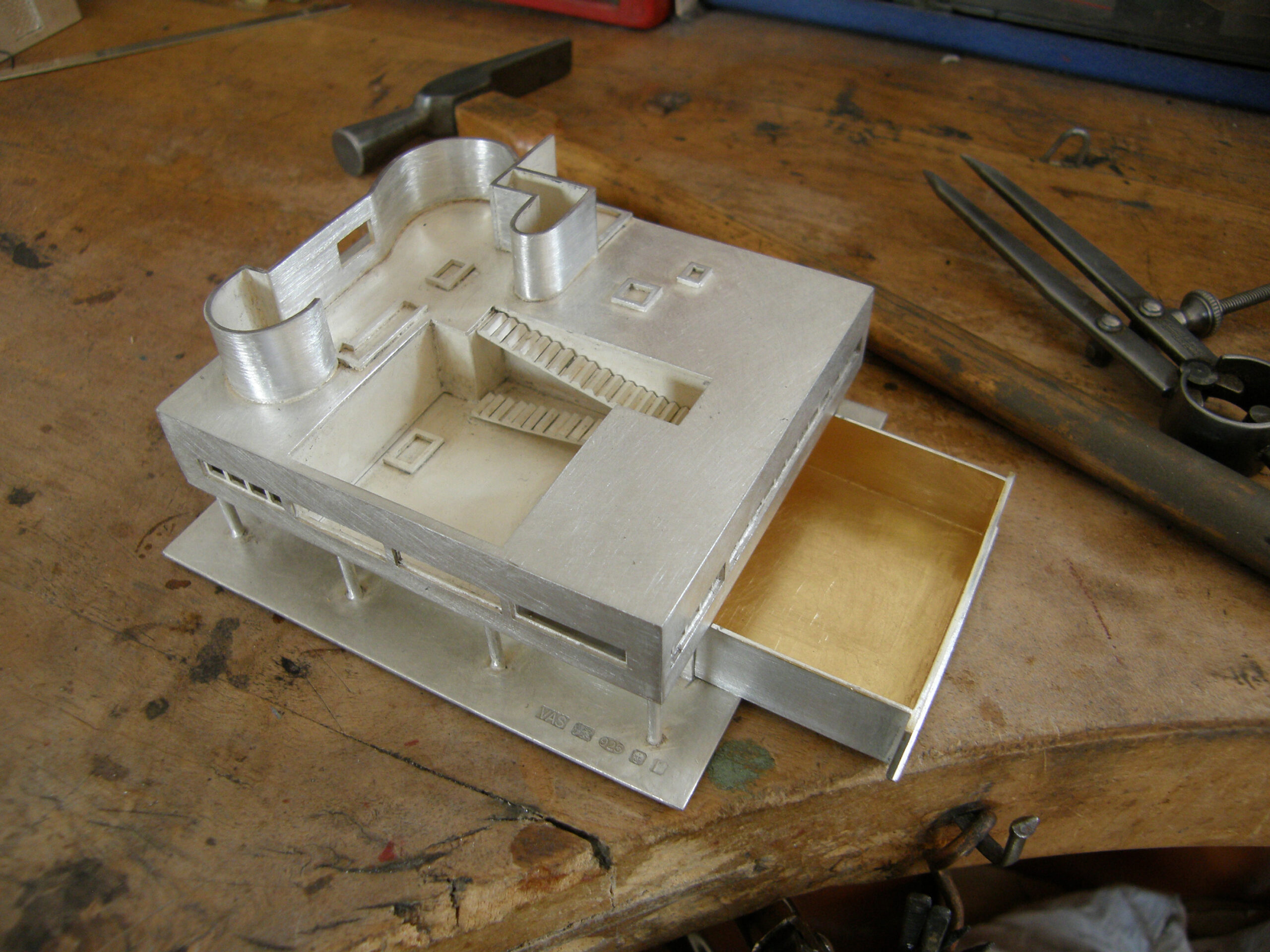 Detail showing the gilded drawer of the Villa Savoye box, 2016