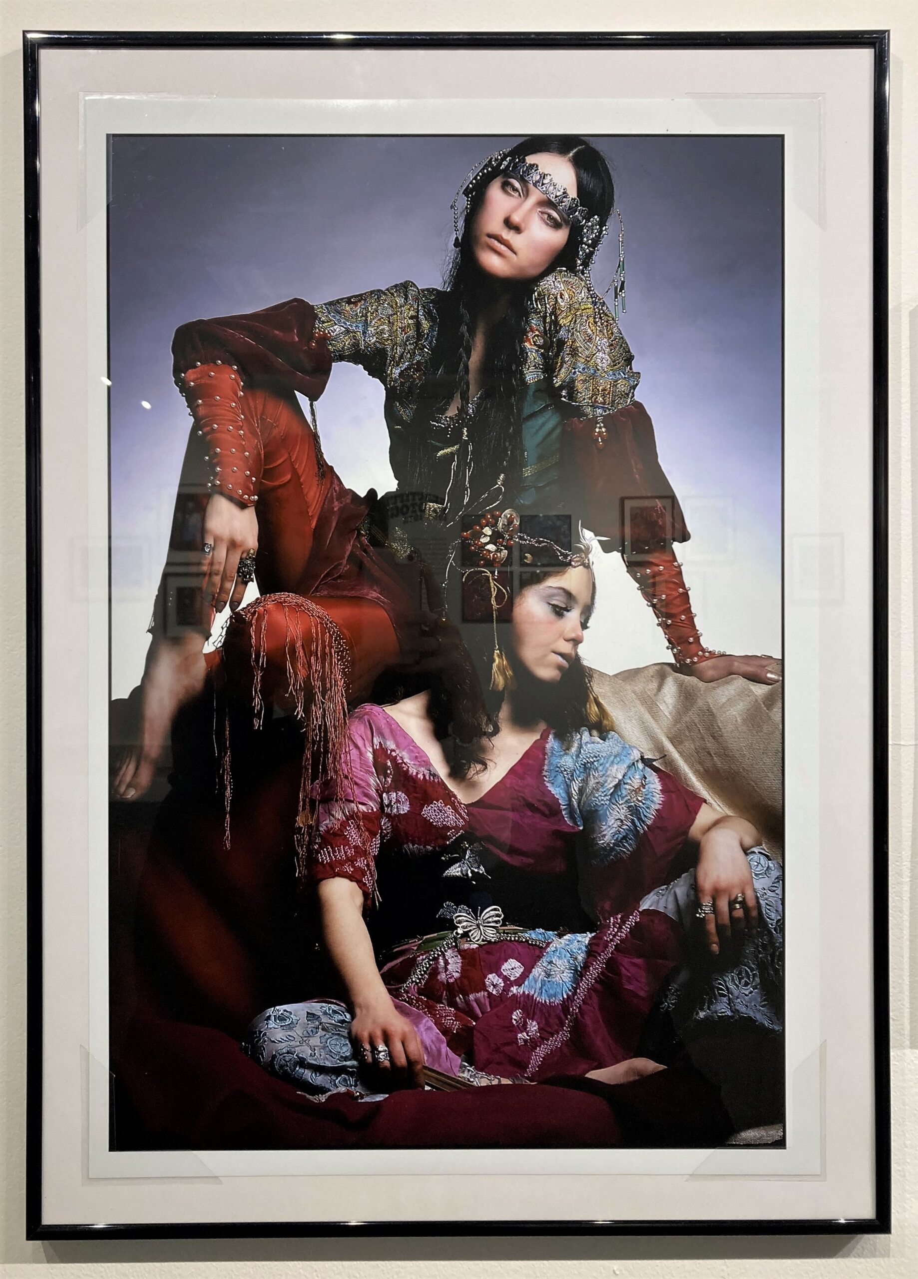 Dancers Mimi and Mouse wearing dance costumes screen-printed by Mimi. Part of the photostory ‘All Change’ with interviews by Jenny Fabian, photograph by Clive Arrowsmith for Queen magazine, 5 February 1969