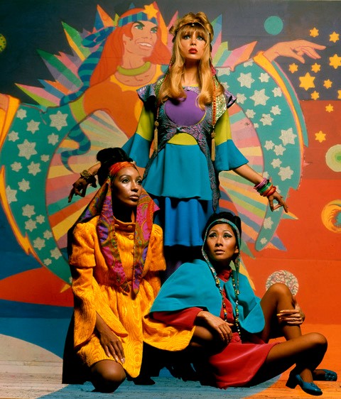 Kellie Wilson and Pattie Boyd modelling fashion designed by The Fool from the Apple Boutique, photograph by Ronald Traeger for British Vogue, January 1968Kellie Wilson and Pattie Boyd modelling fashion designed by The Fool from the Apple Boutique, photograph by Ronald Traeger for British Vogue, January 1968