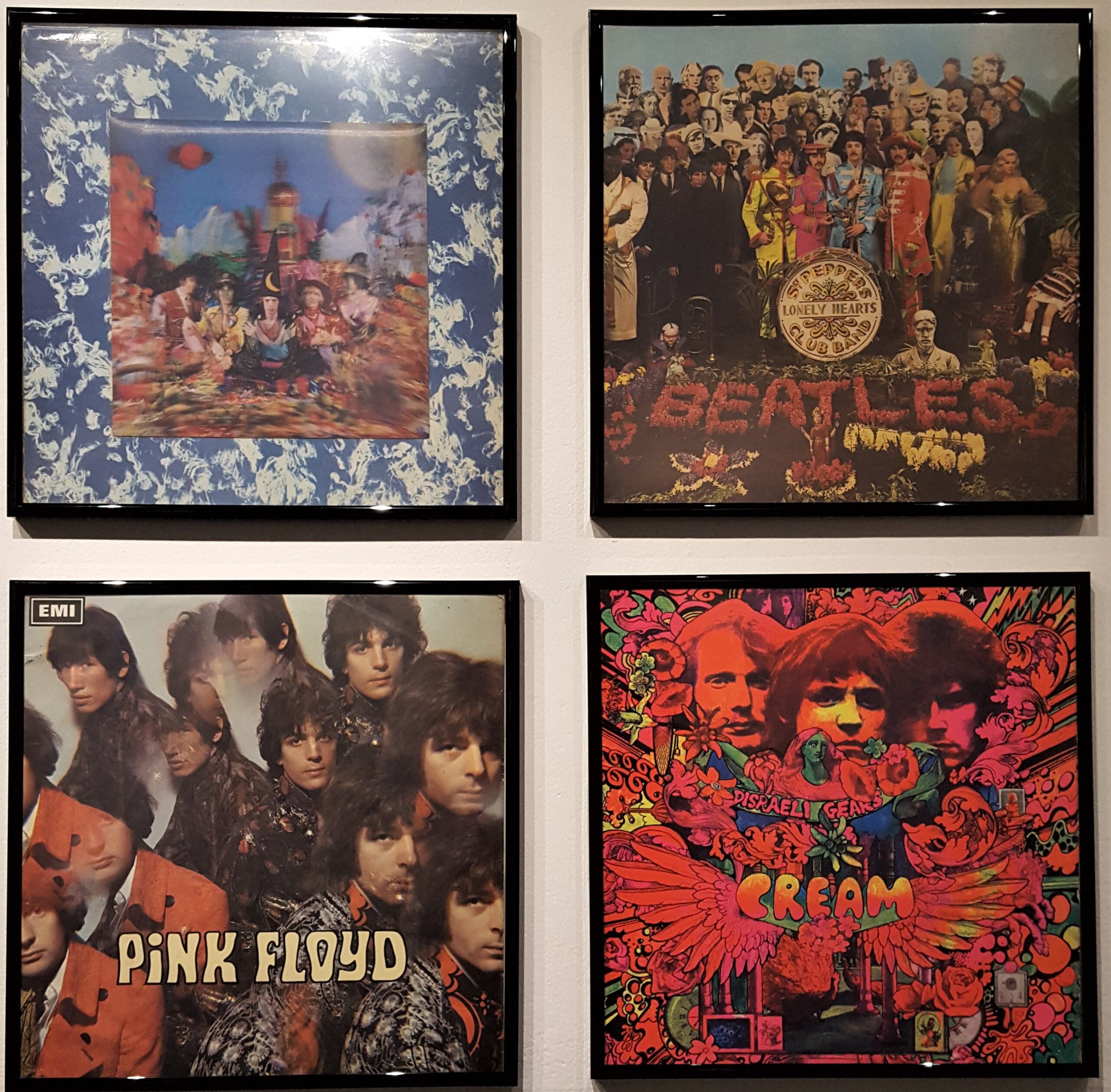 Clockwise - Their Satanic Majesties Request album by The Rolling Stones, photographed by Michael Cooper, released 8 December 1967. Sgt. Pepper’s Lonely Hearts Club Band album by The Beatles, photographed by Michael Cooper, designed by Peter Blake and Jann Haworth, released 26 May 1967. Disraeli Gears album by Cream - L-R - Ginger Baker, Jack Bruce and Eric Clapton, design by Martin Sharp, photography by Robert Whitaker, released 2 November 1967. Piper at the Gates of Dawn, the first album by Pink Floyd who wear fashion by Thea Porter, photographed by Vic Singh, released 5 August 1967 