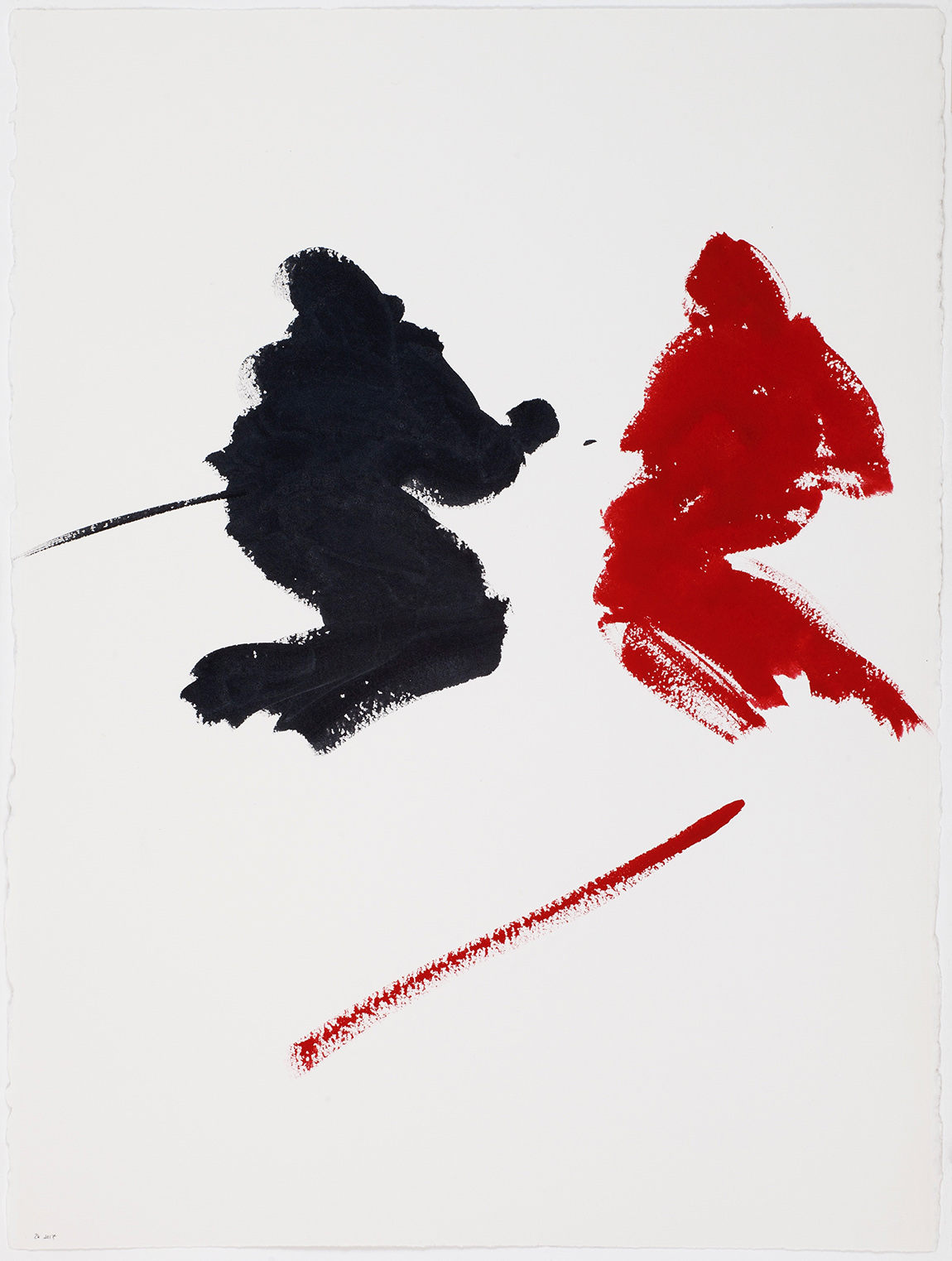 CHECKMATE, 2017, ink gouache on paper (750x550mm) Checkmate is the type of painting that is chiefly concerned with balance, design and attracting and repelling force. I like to use the couple of skiers because it throws up a dialogue and therefore dynamic between the two figures, who are therefore not only contending with gravity. This type of work is challenging in the way that what you must leave out is the key. Regarding the materials – it is hard to see – but the dark figure is not pure black – it has a subtle dose of silver added so that when viewed you see a dense, low mineral sheen.