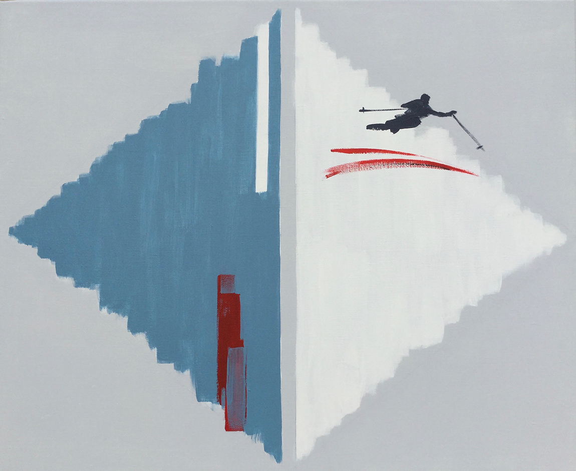 GEM, 2017, acrylic on canvas (500x610mm) Gem is so titled because I had the idea of the cutting of precious stones; the skier is possibly etching or chiselling the surface. The symmetric design of this split diamond shape is one I find fascinating with the endless possibilities of colour and position. I use what seems to be the natural accumulation of energy in the blank space between the two triangles. The placement of the skier is always crucial and therefore exciting too.