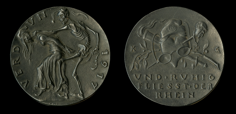 Verdun 1917 by Karl Goetz. Britain / Death smoking a pipe, knees a captive France towards her fate.