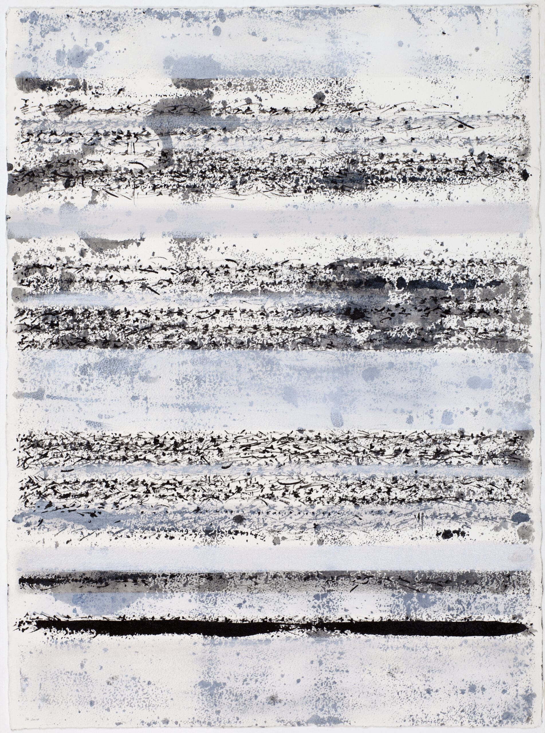 SCIROCCO, ink gouache on paper (750x550mm) SCIROCCO embodies what I feel when from around mid March in the Alps, grains of sand are blown across the med from north Africa and are pounded into the snow. The mountains take on a beige/ silvery pink appearance. Some years it is so marked that I’ve imagined music or script arriving in successive waves through the sky. If you examine the ‘score’ very closely you’ll see this.When you pass through snow of this consistency there is a markedly different sound under the ski. 