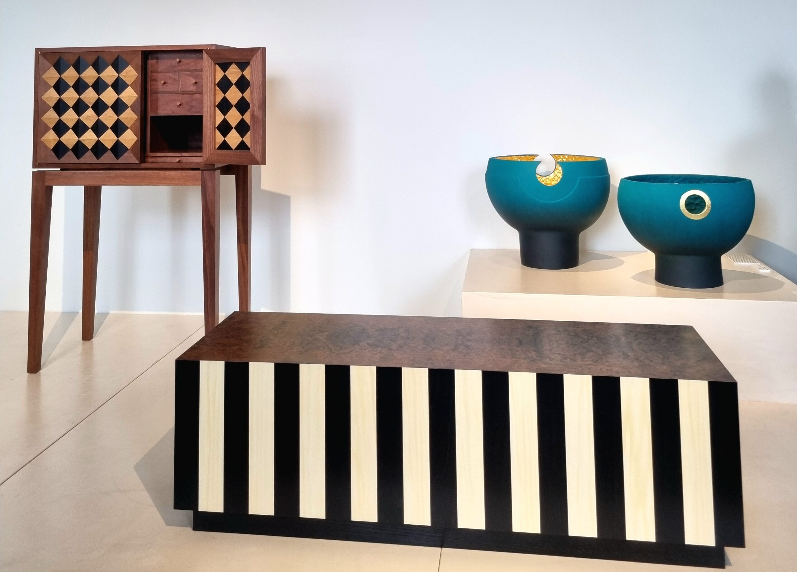 Antonio Bozic, Ama Low Coffee Table, black and white dyed poplar, walnut burl, black-syed ash and Richard Butler, Eventus, black walnut, Irish oak, oil, both represented by Design and Crafts Council Ireland 