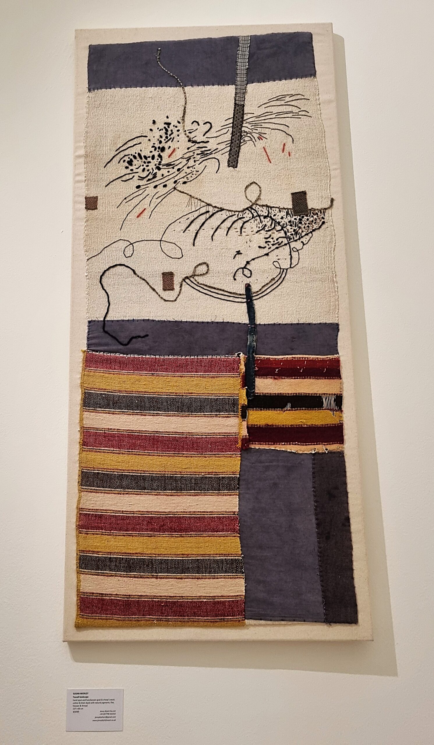 Susan Moxley, Landscape, repurposed vintage Greek hand-spun and handwoven goat and sheep’s wool, cotton & linen dyed with natural pigments, flax, hessian and thread, 137x60cm, represented by Jenny Blythe Fine Art