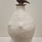 Susan Moxley, Pitharia with Standing Dove, bisque fired stoneware, clay bird, 59x27x27cm