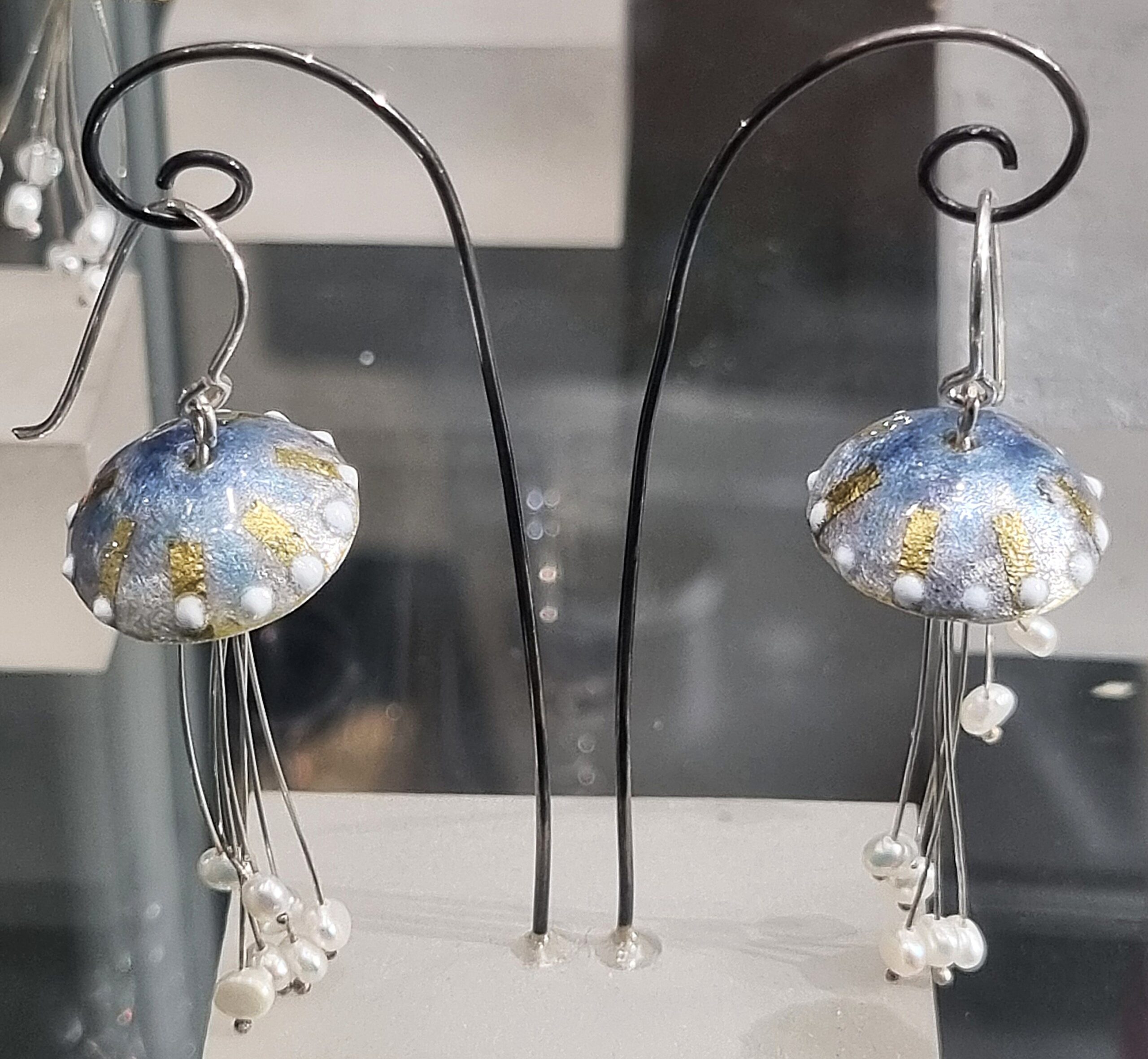 Jellyfish earrings – enamel with silver dangles with pearl drops, by Alexandra Raphael