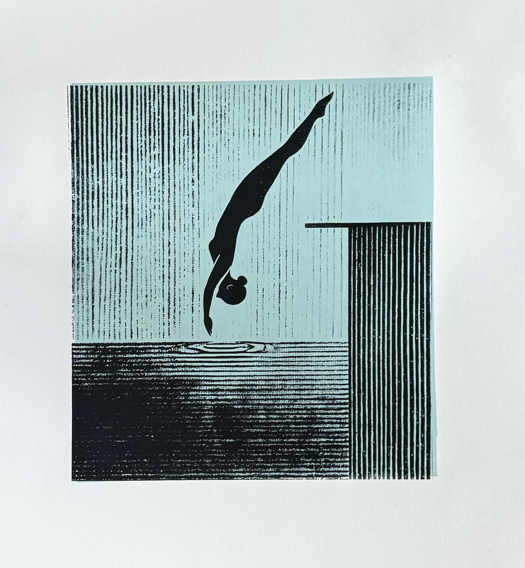 Dive Perfect, screenprint, framed size: 31cm x 33.5cm, by Lorraine Botbol