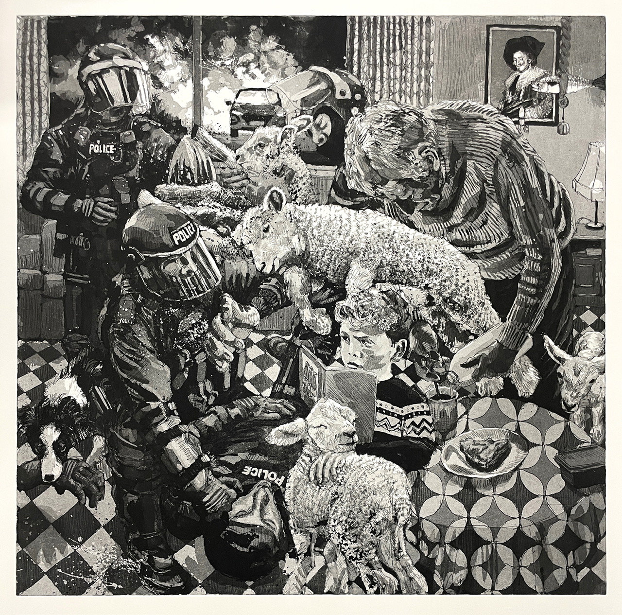 'Someone's Firebombed McQuaid's Pharmacy', etching with aquatint, Paper size: 65 × 72cm © the artist 2026