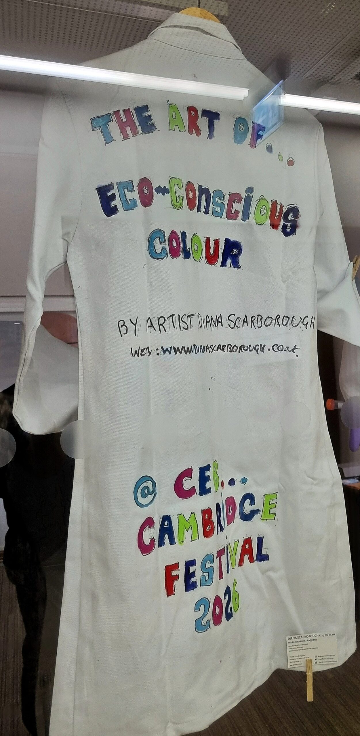 Multimedia artist and engineer Diana Scarborough's lab coat for The Art of Eco-conscious Colour' 2026 © Armadillo Central 