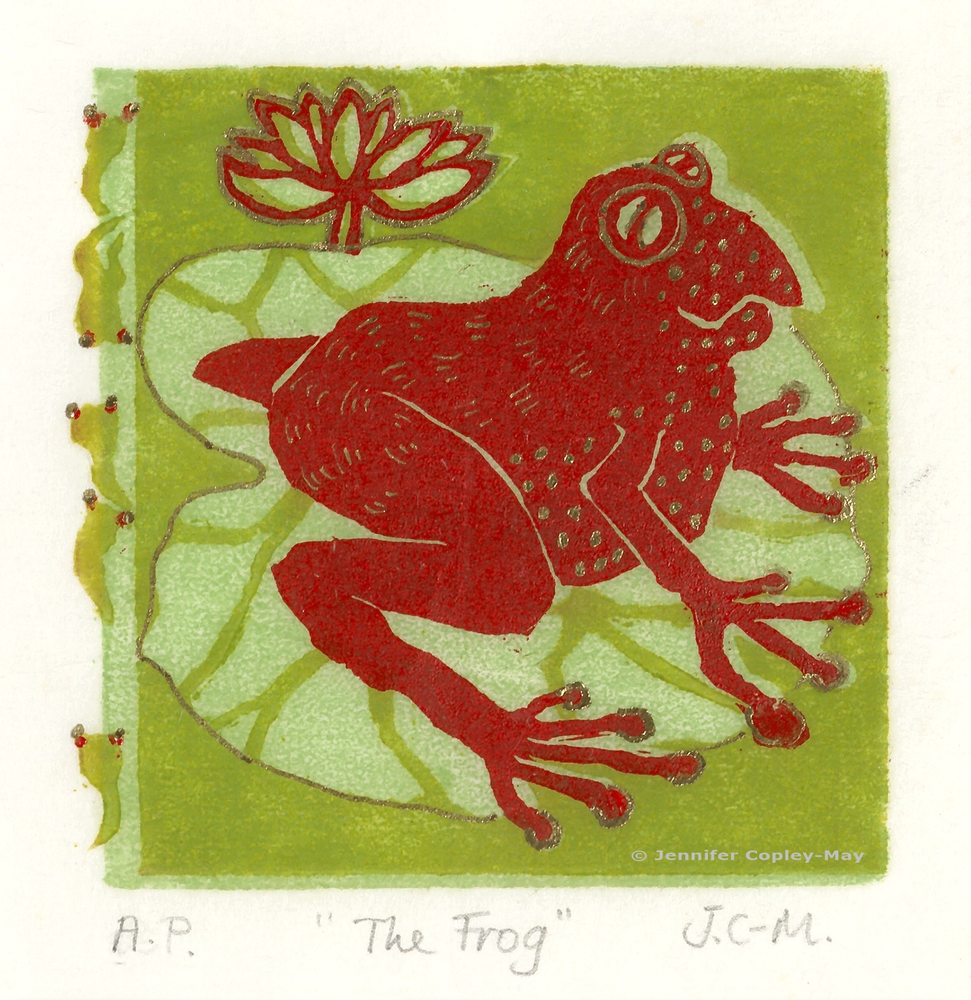The Frog, original woodcut print with gold, 280 x 280 mm, available acid free mounted and framed