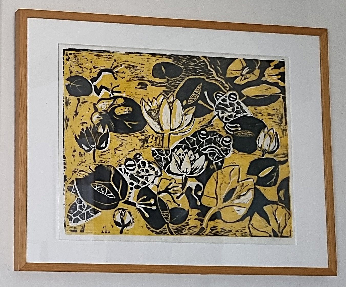 Four Frogs (yellow) original woodcut print, 840 x 630 mm, available acid free mounted and framed
