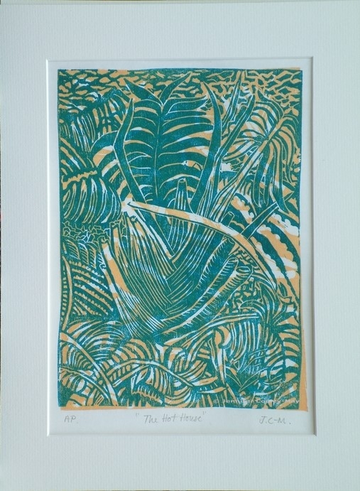 The Hot House, AP (lemon/teal), original woodcut print, 155 x 400 mm, acid free mount